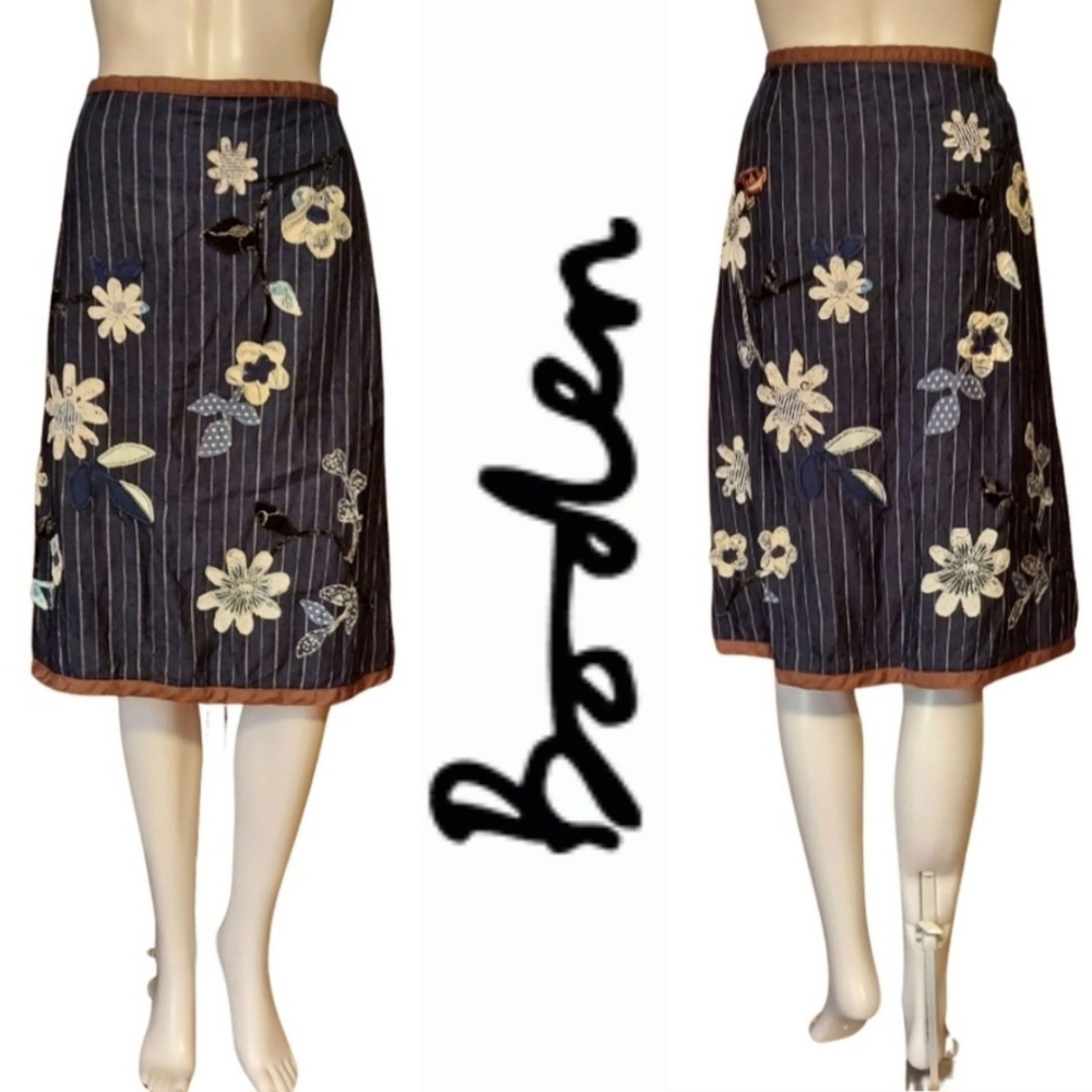 Boden Striped Floral Applique Linen Pencil Skirt